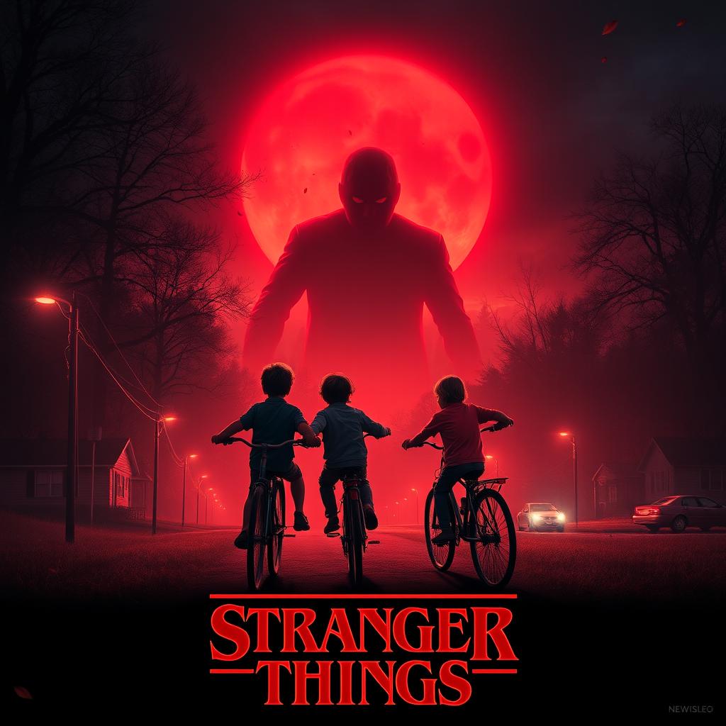 A motion poster for the Stranger Things series, featuring elements of horror and 1980s nostalgia