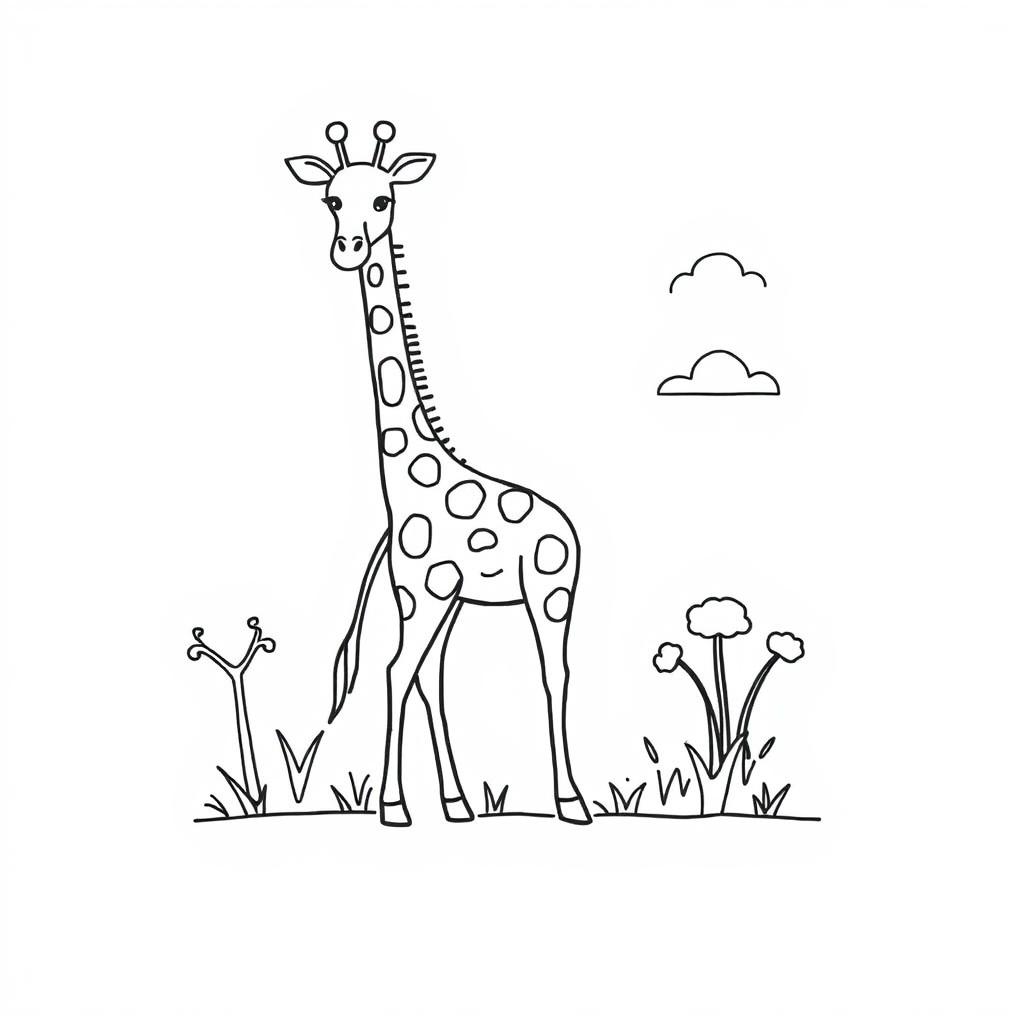 Outline of a giraffe in black lines on a white background, intended for a child's coloring activity