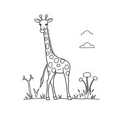 Outline of a giraffe in black lines on a white background, intended for a child's coloring activity