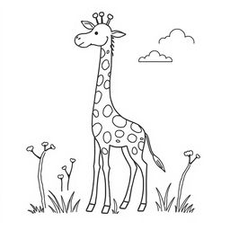 Outline of a giraffe in black lines on a white background, intended for a child's coloring activity