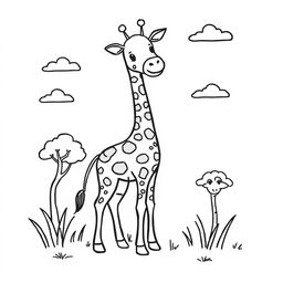 Outline of a giraffe in black lines on a white background, intended for a child's coloring activity