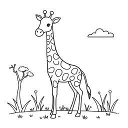 Outline of a giraffe in black lines on a white background, intended for a child's coloring activity