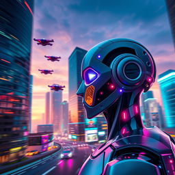 Dynamic motion poster featuring a futuristic cityscape with flying cars zooming between skyscrapers under a twilight sky