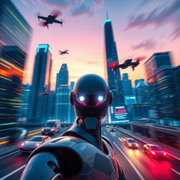 Dynamic motion poster featuring a futuristic cityscape with flying cars zooming between skyscrapers under a twilight sky