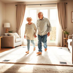 A cozy living room setting where an elderly couple is safely walking across a carpet with non-slip adhesive tape on the corners to prevent slipping