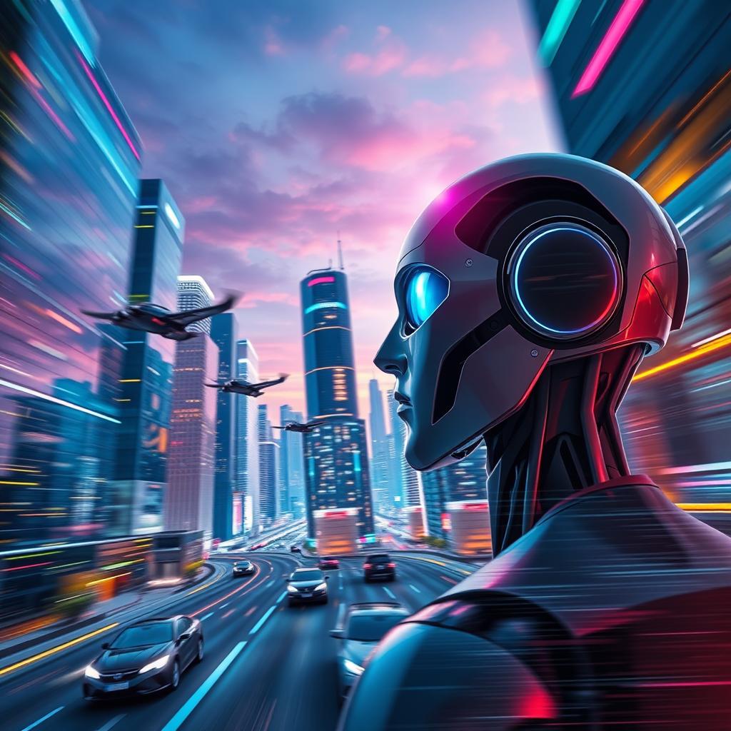 Dynamic motion poster featuring a futuristic cityscape with flying cars zooming between skyscrapers under a twilight sky