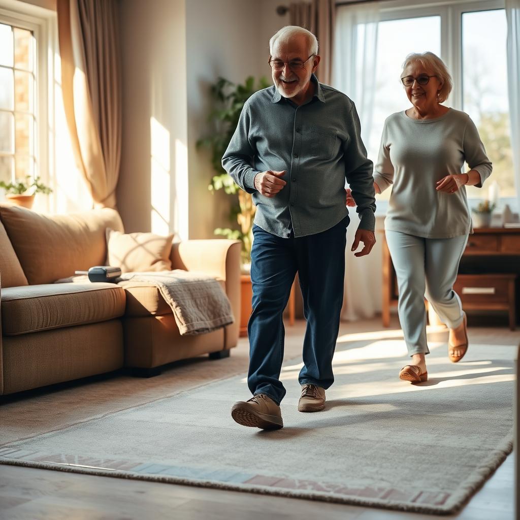 A cozy living room setting where an elderly couple is safely walking across a carpet with non-slip adhesive tape on the corners to prevent slipping