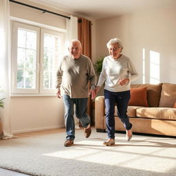 A cozy living room setting where an elderly couple is safely walking across a carpet with non-slip adhesive tape on the corners to prevent slipping