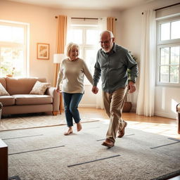 A cozy living room setting where an elderly couple is safely walking across a carpet with non-slip adhesive tape on the corners to prevent slipping