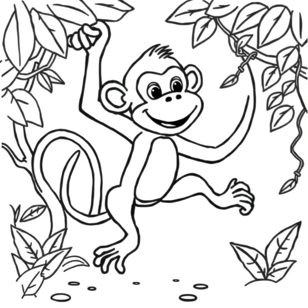 Outline of a monkey in black lines with a white background, designed for a child's coloring activity