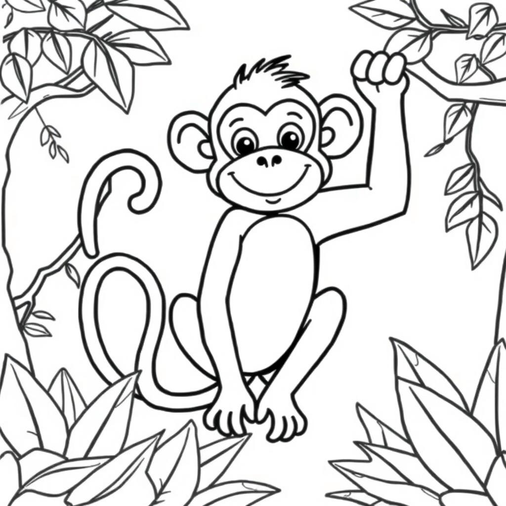 Outline of a monkey in black lines with a white background, designed for a child's coloring activity