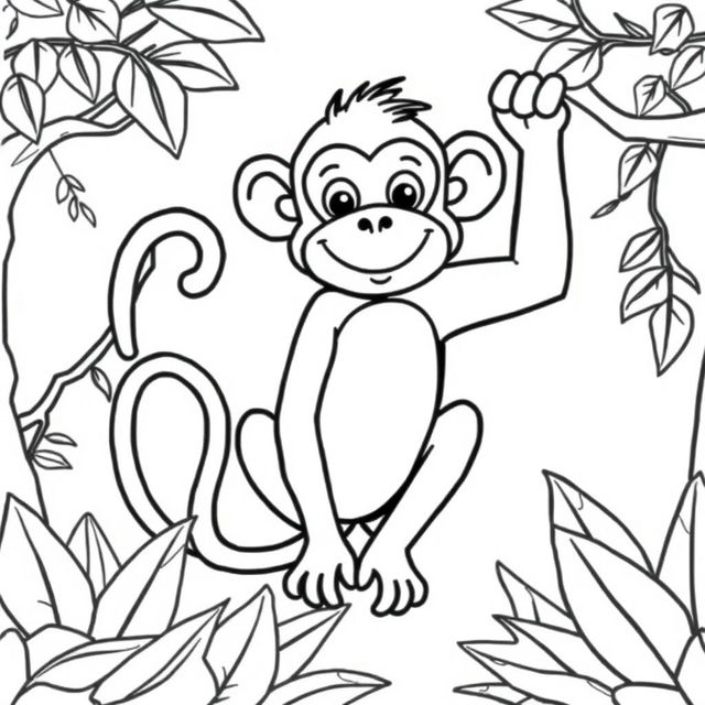 Outline of a monkey in black lines with a white background, designed for a child's coloring activity