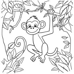 Outline of a monkey in black lines with a white background, designed for a child's coloring activity