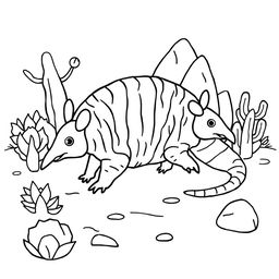 Outline of an armadillo in black lines on a white background, intended for a child's coloring activity