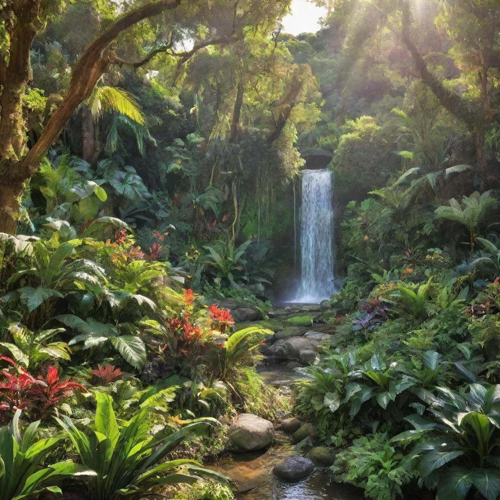 Vibrant and lush image of the Garden of Eden, bathed in sunlight, filled with diverse flora and fauna, with a serene waterfall in the background.