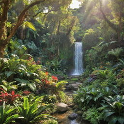 Vibrant and lush image of the Garden of Eden, bathed in sunlight, filled with diverse flora and fauna, with a serene waterfall in the background.