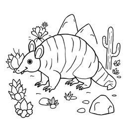 Outline of an armadillo in black lines on a white background, intended for a child's coloring activity