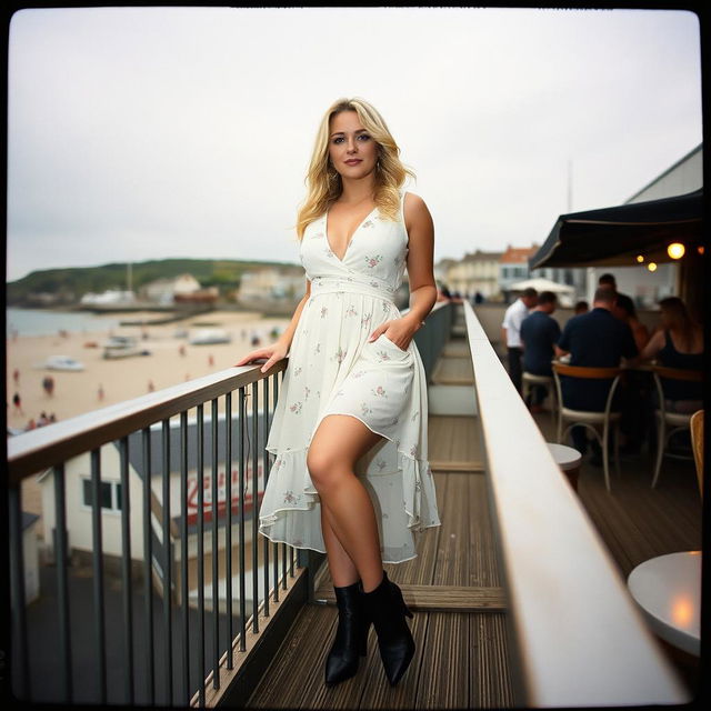 A 40-year-old curvy blonde woman posing seductively on a balcony seat at a busy beach bar in St Ives