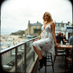 A 40-year-old curvy blonde woman posing seductively on a balcony seat at a busy beach bar in St Ives