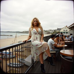 A 40-year-old curvy blonde woman posing seductively on a balcony seat at a busy beach bar in St Ives