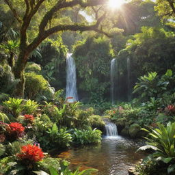 Vibrant and lush image of the Garden of Eden, bathed in sunlight, filled with diverse flora and fauna, with a serene waterfall in the background.