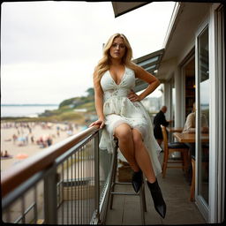 A 40-year-old curvy blonde woman posing seductively on a balcony seat at a busy beach bar in St Ives