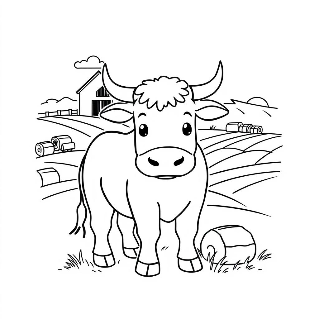 Outline of an ox in black lines on a white background, designed for a child's coloring activity