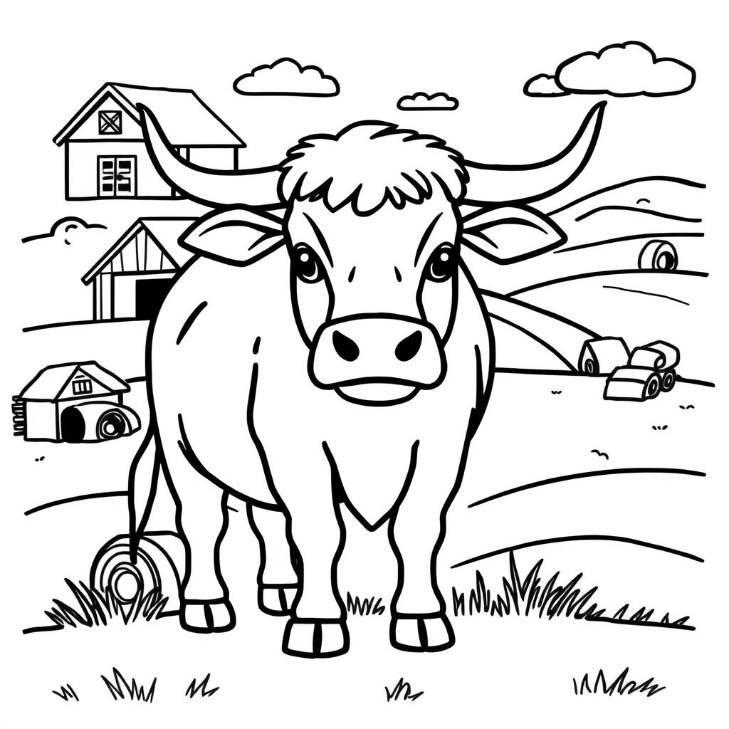 Outline of an ox in black lines on a white background, designed for a child's coloring activity