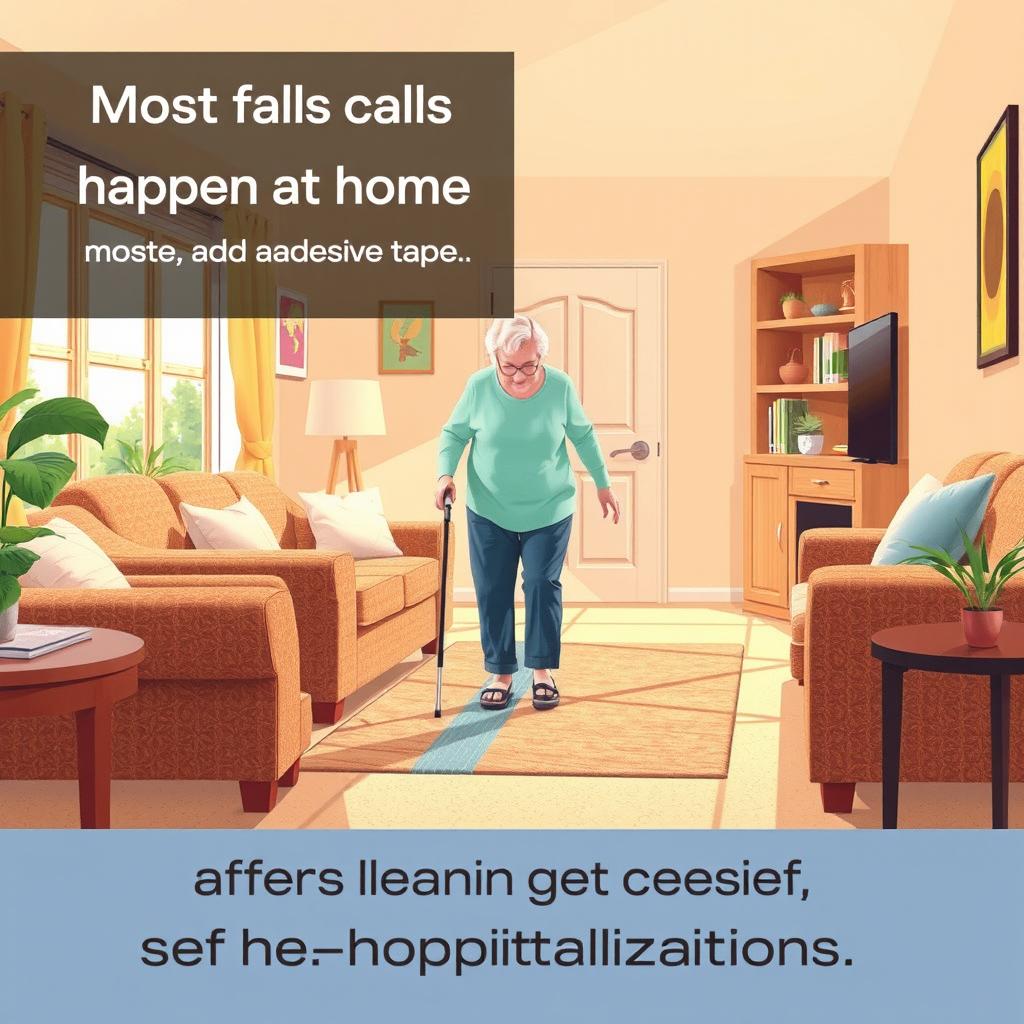 An informative illustration that highlights the importance of fall prevention in homes, focusing on an elderly person safely navigating a living room with non-slip adhesive tape on carpets