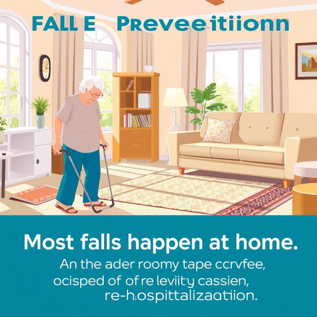 An informative illustration that highlights the importance of fall prevention in homes, focusing on an elderly person safely navigating a living room with non-slip adhesive tape on carpets