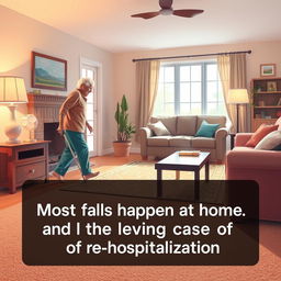 An informative illustration that highlights the importance of fall prevention in homes, focusing on an elderly person safely navigating a living room with non-slip adhesive tape on carpets