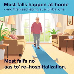 An informative illustration that highlights the importance of fall prevention in homes, focusing on an elderly person safely navigating a living room with non-slip adhesive tape on carpets