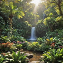 Vibrant and lush image of the Garden of Eden, bathed in sunlight, filled with diverse flora and fauna, with a serene waterfall in the background.