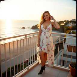 A 40-year-old curvy blonde woman posing seductively on a balcony overlooking the beach at St Ives