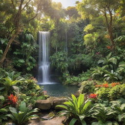 Vibrant and lush image of the Garden of Eden, bathed in sunlight, filled with diverse flora and fauna, with a serene waterfall in the background.