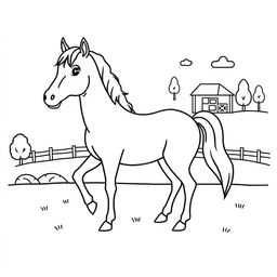 Outline of a horse in black lines on a white background, designed for a child's coloring activity