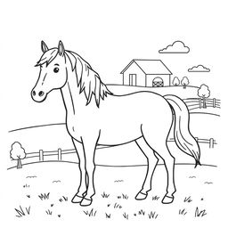 Outline of a horse in black lines on a white background, designed for a child's coloring activity