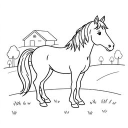 Outline of a horse in black lines on a white background, designed for a child's coloring activity