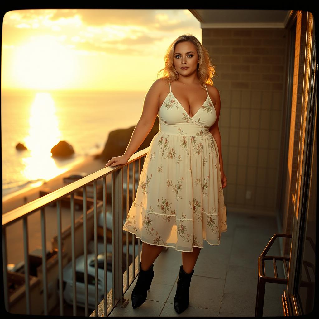 A 40-year-old curvy, chubby blonde woman posing seductively on a balcony overlooking the beach at St Ives