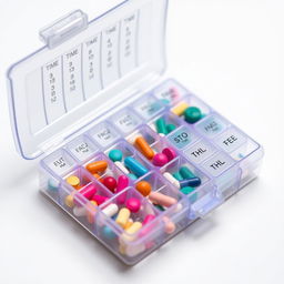 A detailed close-up shot of a neatly organized pill organizer, featuring clear labels and time slots for each day of the week