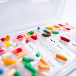 A detailed close-up shot of a neatly organized pill organizer, featuring clear labels and time slots for each day of the week