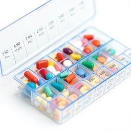 A detailed close-up shot of a neatly organized pill organizer, featuring clear labels and time slots for each day of the week