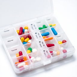 A detailed close-up shot of a neatly organized pill organizer, featuring clear labels and time slots for each day of the week