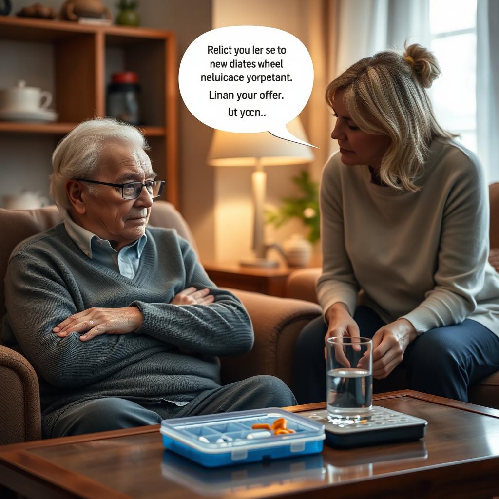 An emotive scene depicting an elderly person expressing reluctance to take their medication