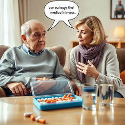 An emotive scene depicting an elderly person expressing reluctance to take their medication