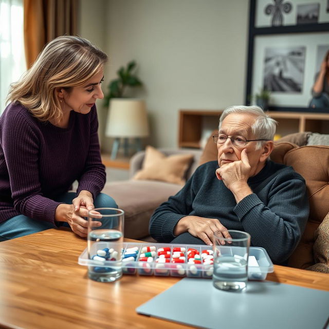 An emotive scene depicting an elderly person expressing reluctance to take their medication