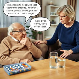 An emotive scene depicting an elderly person expressing reluctance to take their medication