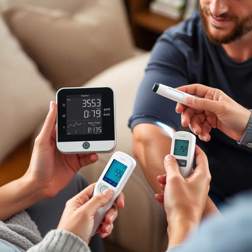 A digital blood pressure monitor being used by an adult person to measure their blood pressure