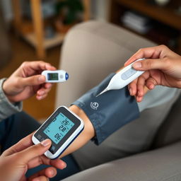 A digital blood pressure monitor being used by an adult person to measure their blood pressure