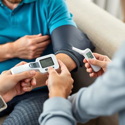 A digital blood pressure monitor being used by an adult person to measure their blood pressure